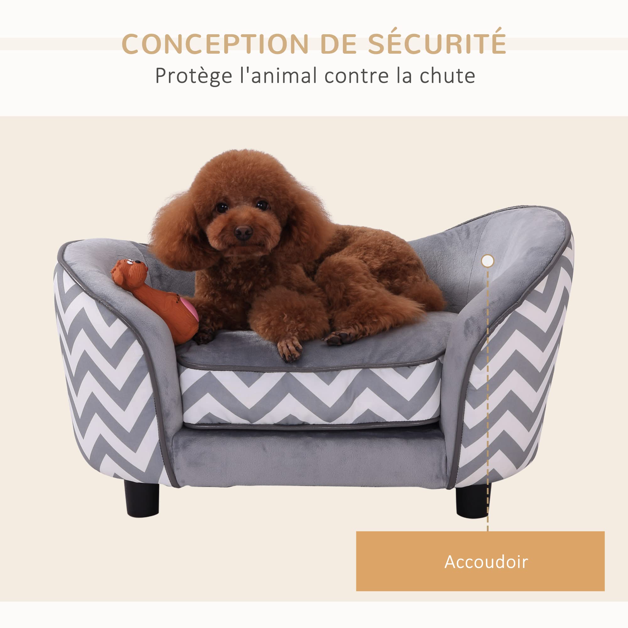 PawHut Canapé Chien Chat sur Pied Style Graphique Contemporain Coussin Amovible Lavable Grand Confort + Pochette Rangement 68,5L x 40,5l x 40,5H cm Gris Blanc