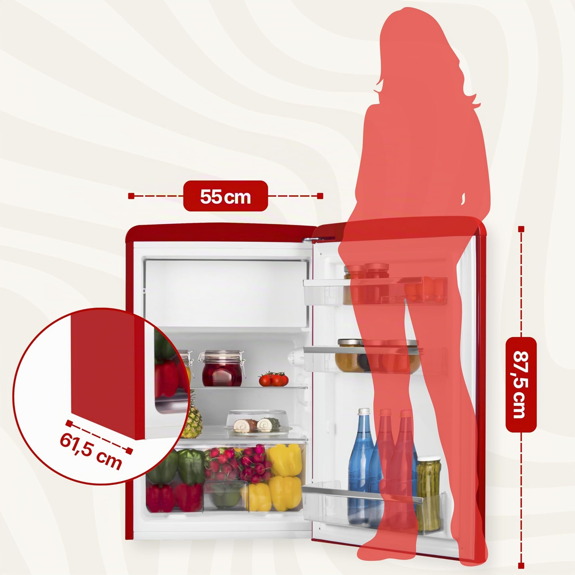 Amica KS 15610 R Retro Kühlschrank mit Gefrierfach / Chili Red (Rot) / 88cm (H) x 55cm (B) x 62cm (T) / Retro-Design