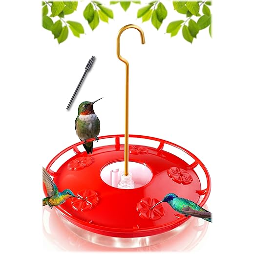 eWonLife Hummingbird Feeders for Outdoors, 16oz Leak-Proof Saucer Humming Bird Feeder with Integrated Ant Moat, Bee Proof 5 Feeding Ports, Brush, Easy Clean & Refill, Hanging Garden Yard Décor