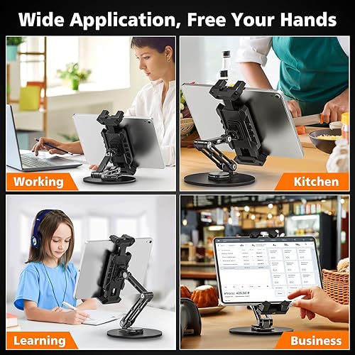 Miniatura 7 de Soporte para iPad, soporte de escritorio para tableta, oficina, cocina, dormitorio, base giratoria de 360, ajustable, plegable, soporte de