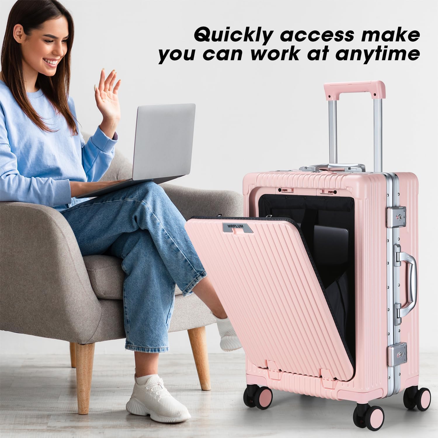 MRPLUM Front Pocket Carry On Luggage,Aluminum Frame PC Hardside Spinner Wheel Suitcase with TSA Lock,Cup Holder,Phone Holder&USB Charging Port,Pink(1 Piece) - Image 6
