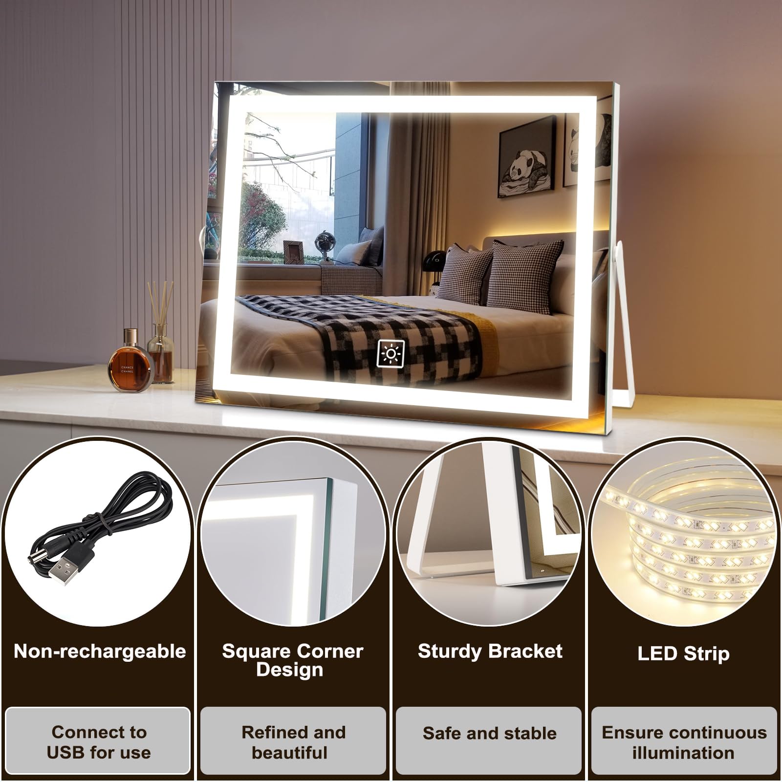 Specchio da trucco a LED da 35,5 cm con luci, grande cornice in metallo illuminato da tavolo con controllo touch dimmerabile a 3 colori, rotazione a 360°, per camera da letto