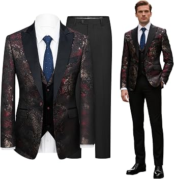Mens 3-Piece Slim Fit Jacquard Peaked Lapel Tuxedo Suit | Three-piece set includes a blazer, vest, and pants; Jacquard fabric with a peaked lapel design