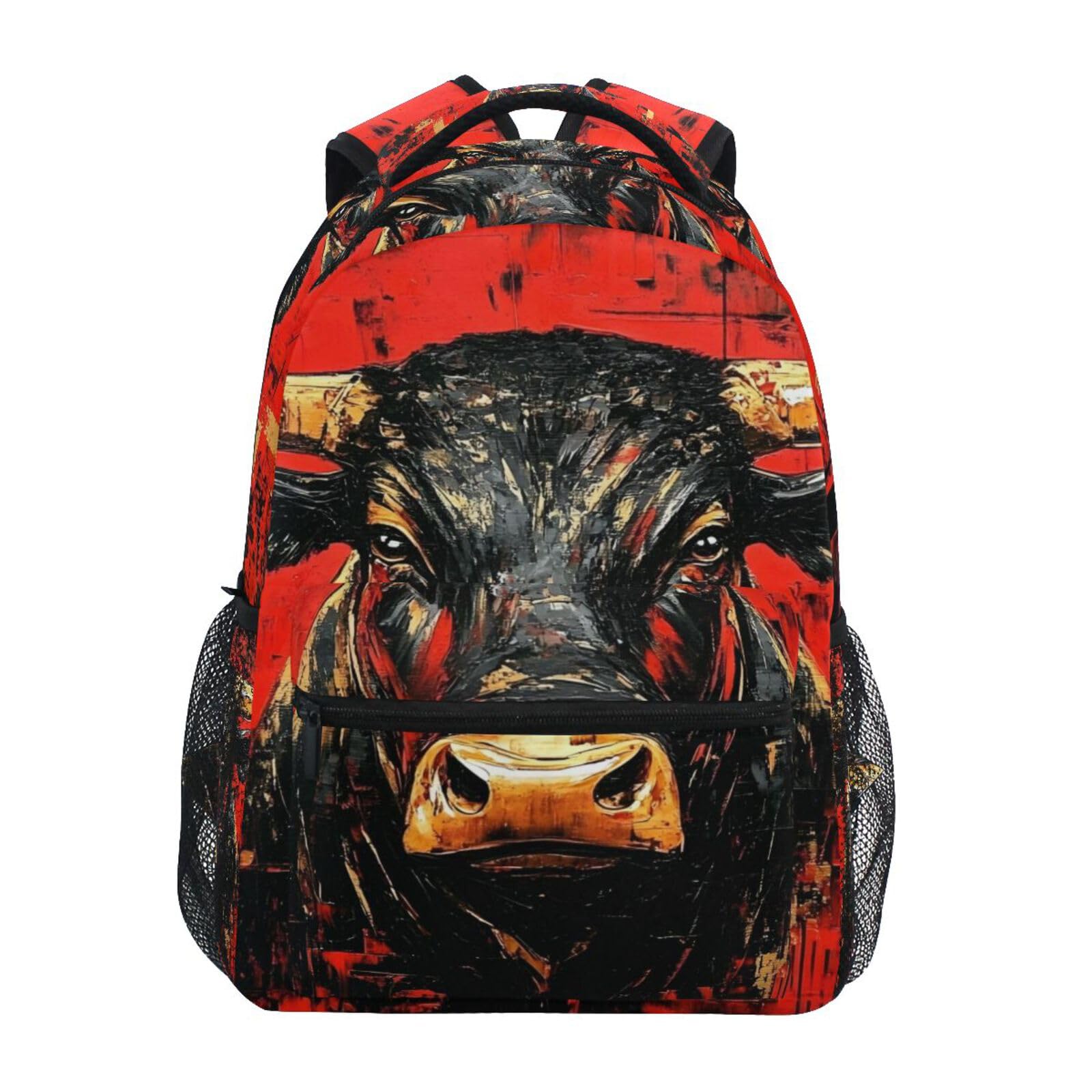 XYMZR Bull Red Black Backpack Daypack Shoulder Bag Book Bag Lightweight Back Pack 11.4 ×16 In