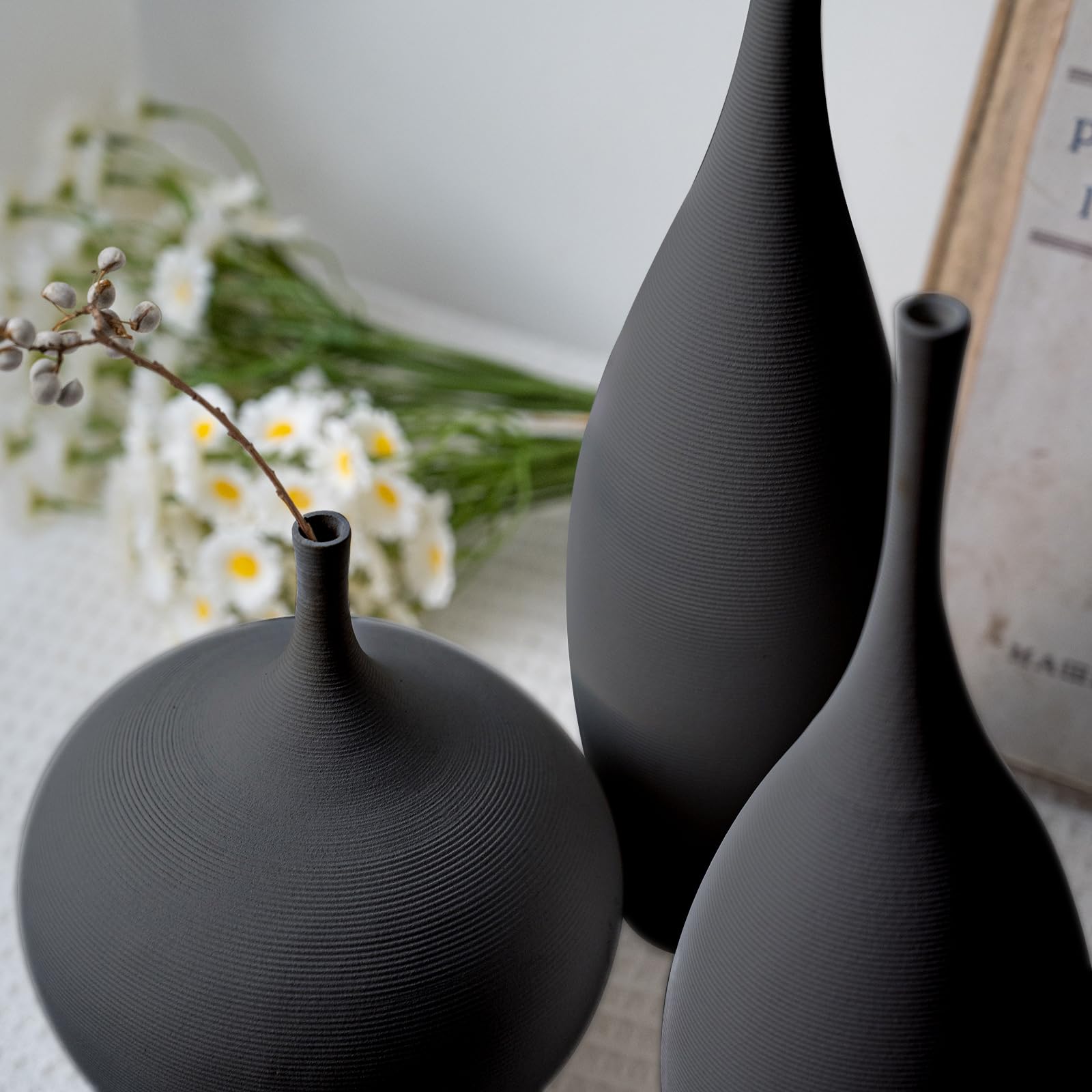 Relexome Vaso in Ceramica Nero Moderno Boho Wabi-Sabi Set di 3 Vasi Decorativi Estetici per Centrotavola Vasi Minimalisti Opachi per Soggiorno, Tavolo, Mensola, Decorazione della Casa, Regalo