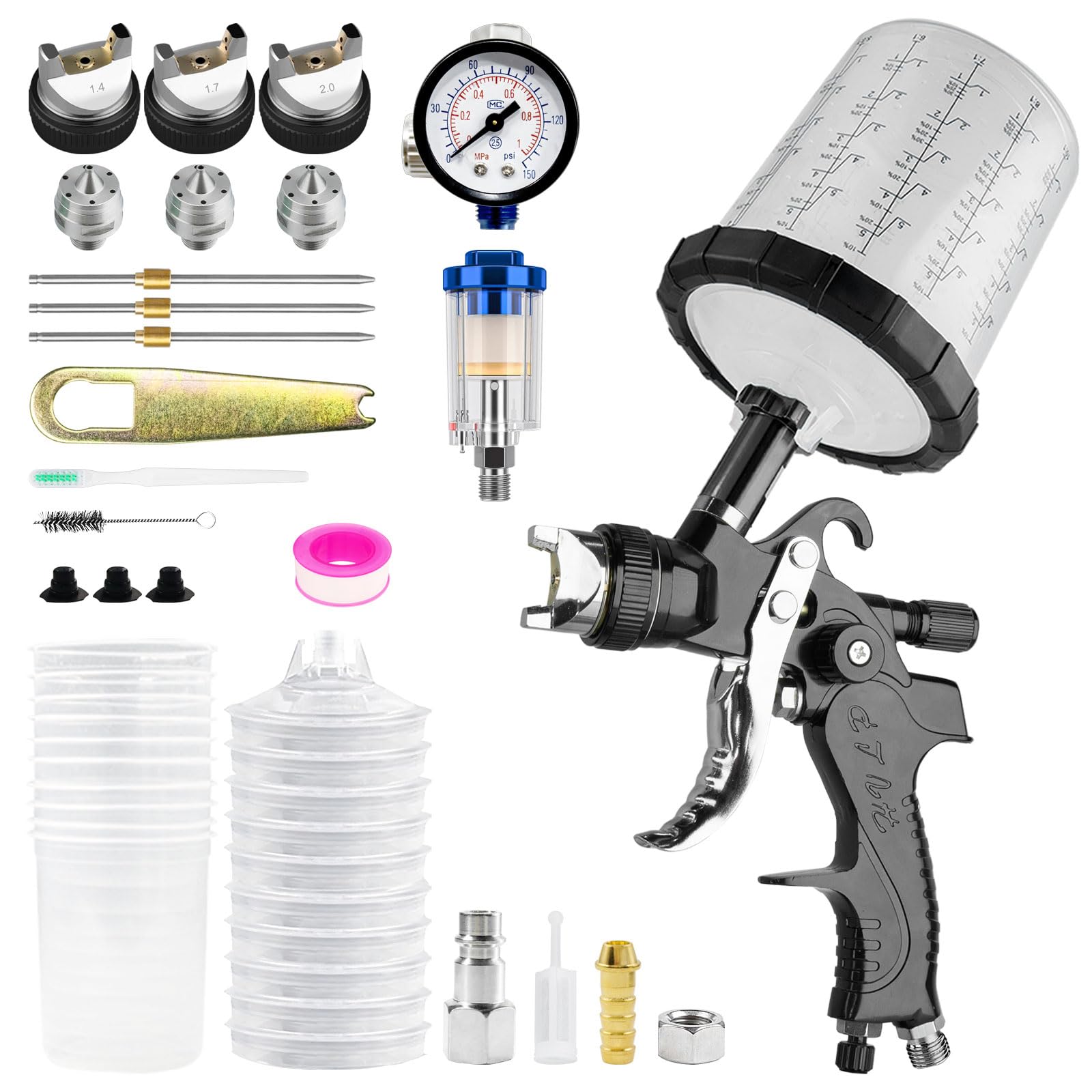 HVLP pistolet natryskowy, zestaw premium z dyszami 1,4/1,7/2,0 mm i regulatorem ciśnienia powietrza i 10 kubkami mikserskimi 650 ml, do zastosowania w samochodach (czarny)