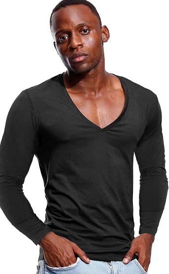 Deep V Neck Shirts Men Long Sleeve Stretch T-Shirt Low Cut Undershirts Tees