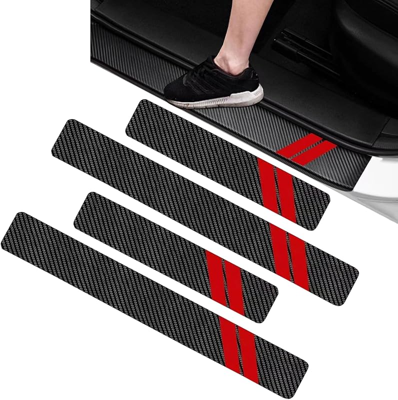 MLY Kit com 4 Protetores de Soleira para Porta em Couro PU com Textura de Fibra de Carbono Vermelho e Preto MLY9986