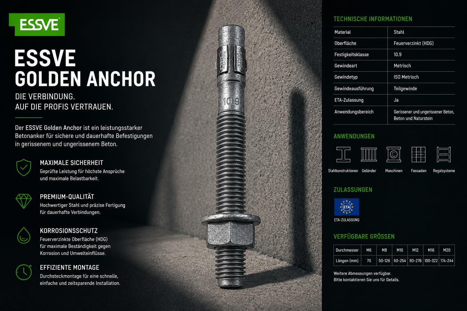 ESSVE Golden Anchor - Ancoraggio a espansione, per carichi pesanti, zincato a caldo, HDG ETA, bullone di ancoraggio a espansione, per calcestruzzo e pietra naturale (25, M12 x 196)