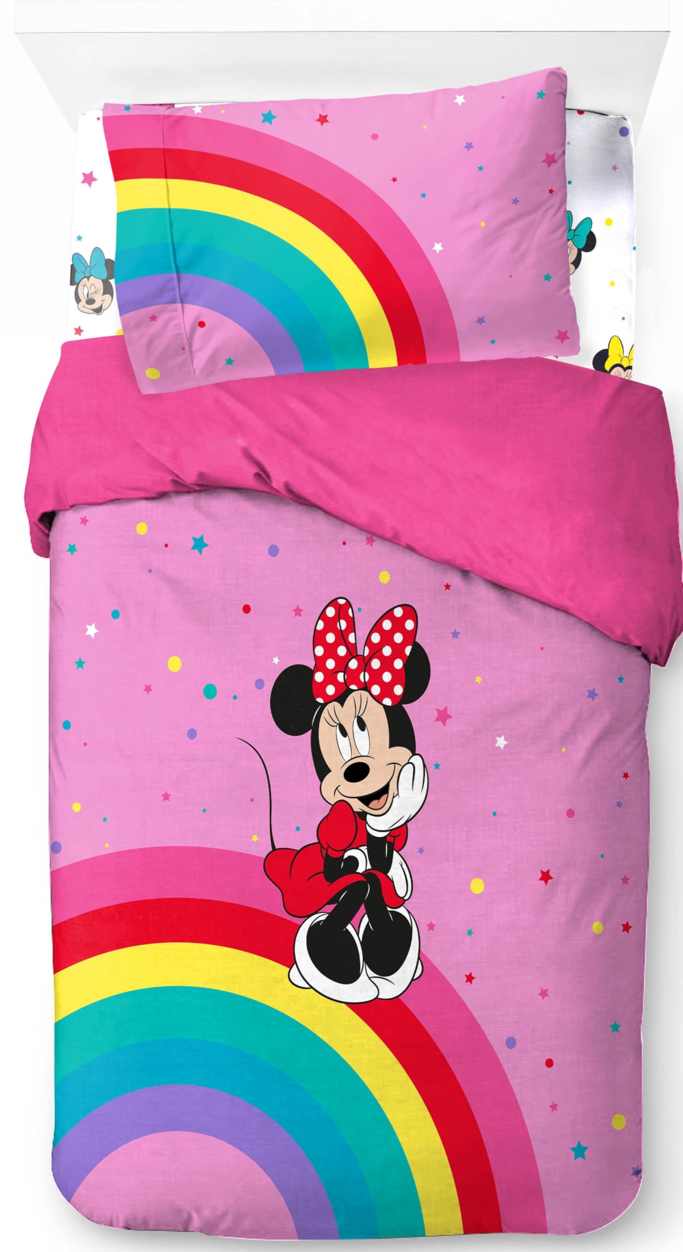 Jay Franco Pink - Minnie Mouse 01 Disney Minnie Mouse Rainbow 100% Cotton 3 Piece Single Bedding Set - Includes Duvet Cover, Fitted Sheet & Pillowcase