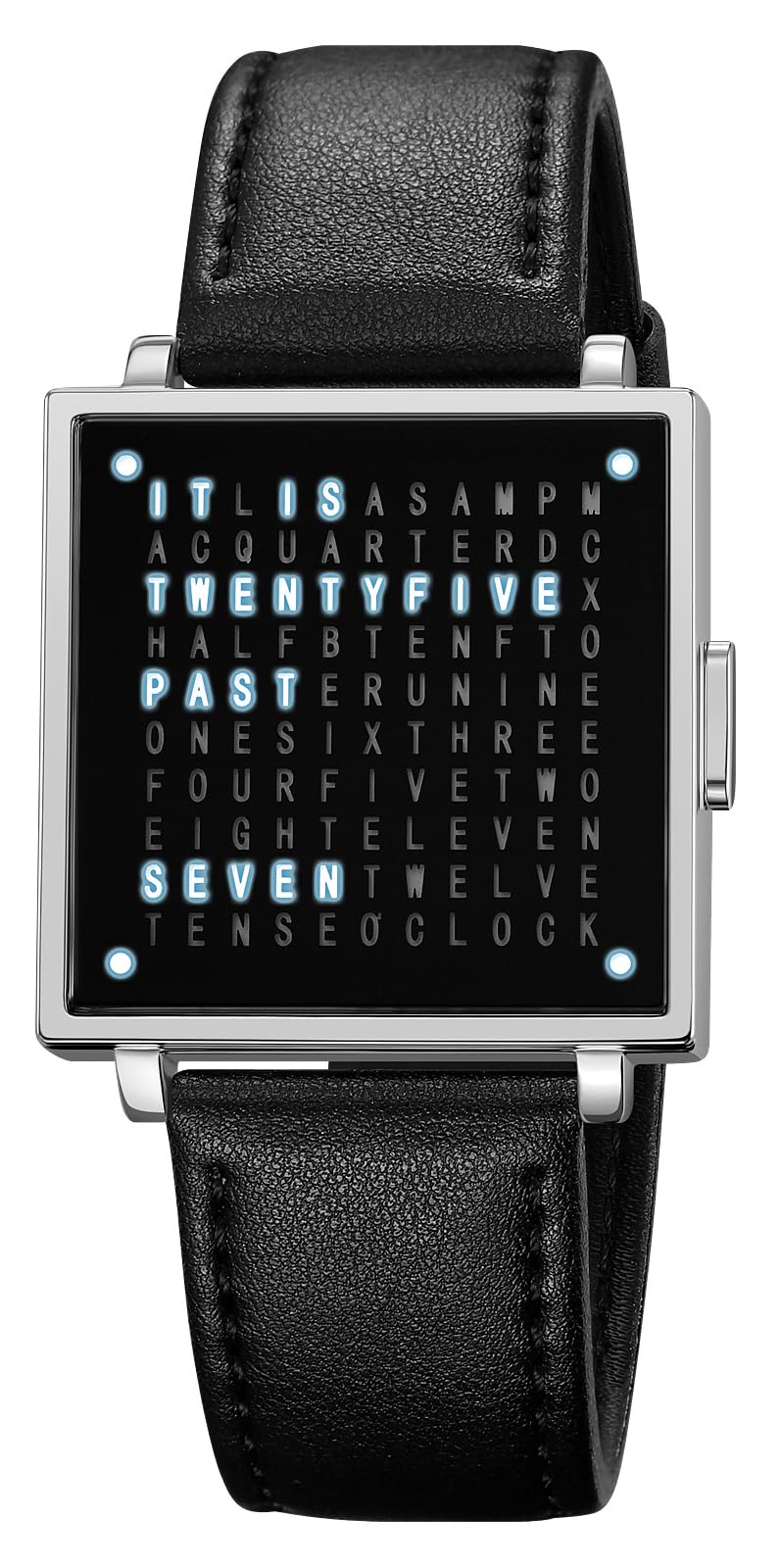 Gosasa Men’s Square Word-Matrix LED Watch Read Time in Words 30 m Waterproof Big Face Multifunctional Date Wristwatch Vintage Luxury Business Dress Timepiece Stainless Steel or Gold/Silver Toned Leather Strap Gift for Men