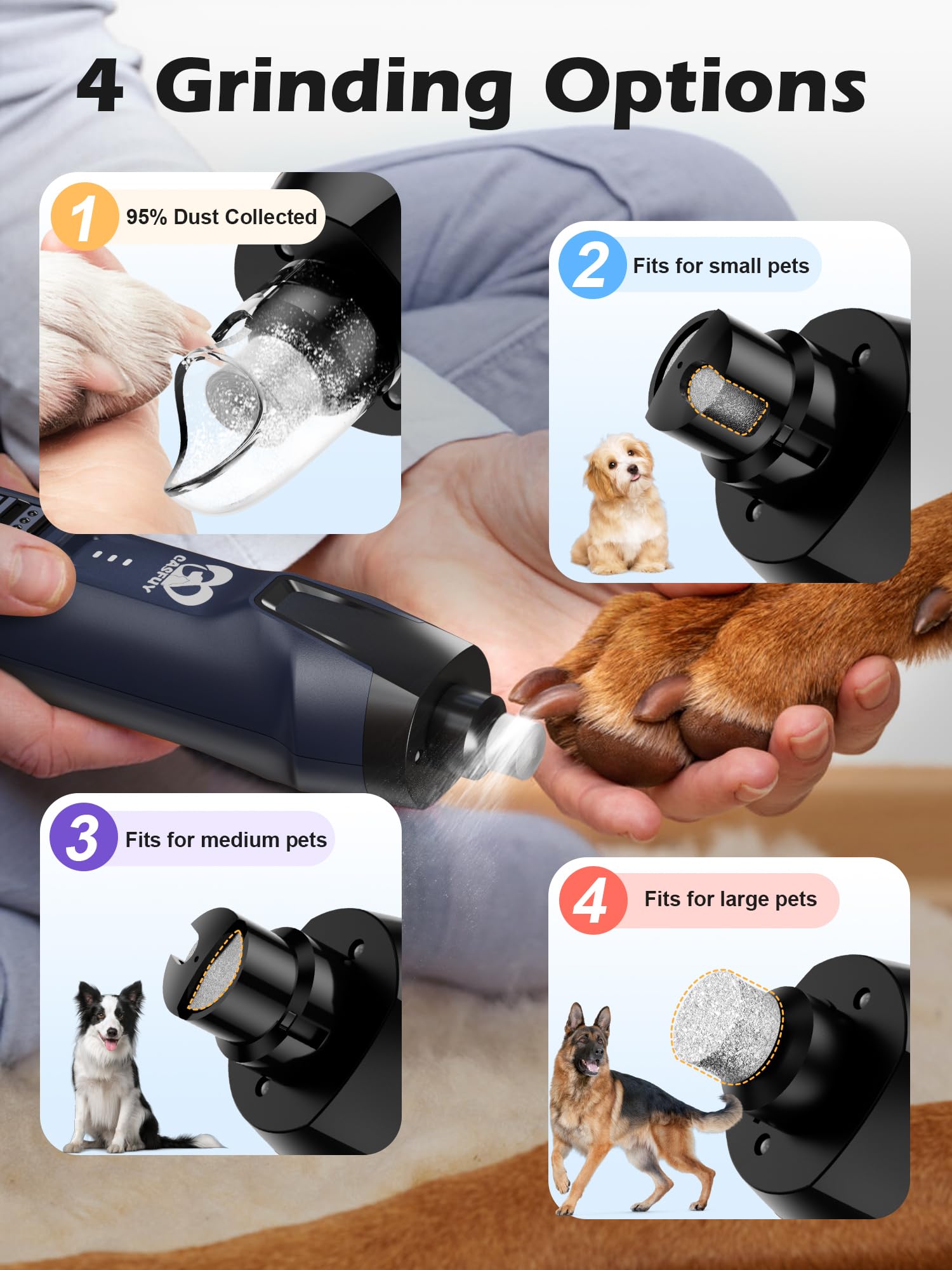 Casfuy Molinillo de uñas para Perros de 6 velocidades, 50% de Potencia potenciada, silencioso, con Luces LED duales y colector de Polvo, Motor de Cobre de 4,8 V, Herramienta eléctrica de Lima de uñas