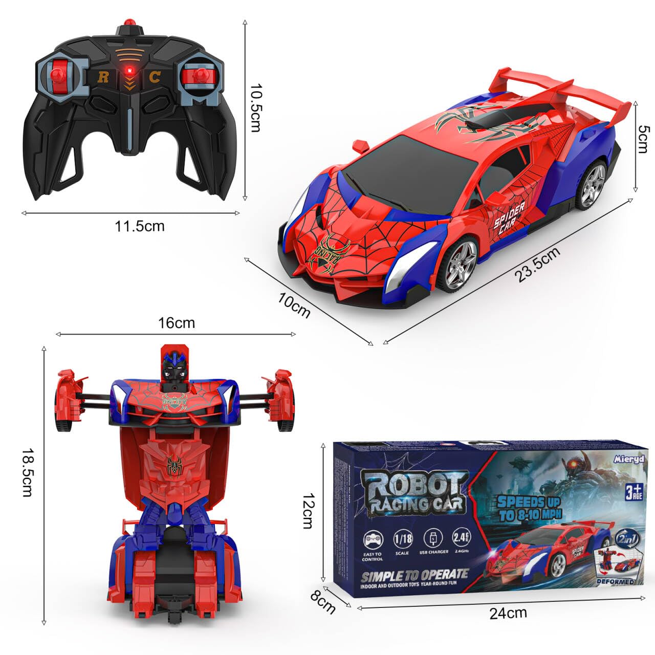 Mieryd Voiture Télécommandée Spider Jouet Enfant 3 4 5 6 7 8 9+ Ans, 2 en 1 Transformable Radiocommande RC Robots, 360°Rotation Voiture de Course Jeux Extérieur Fille Garcon Cadeau Anniversaire Noël