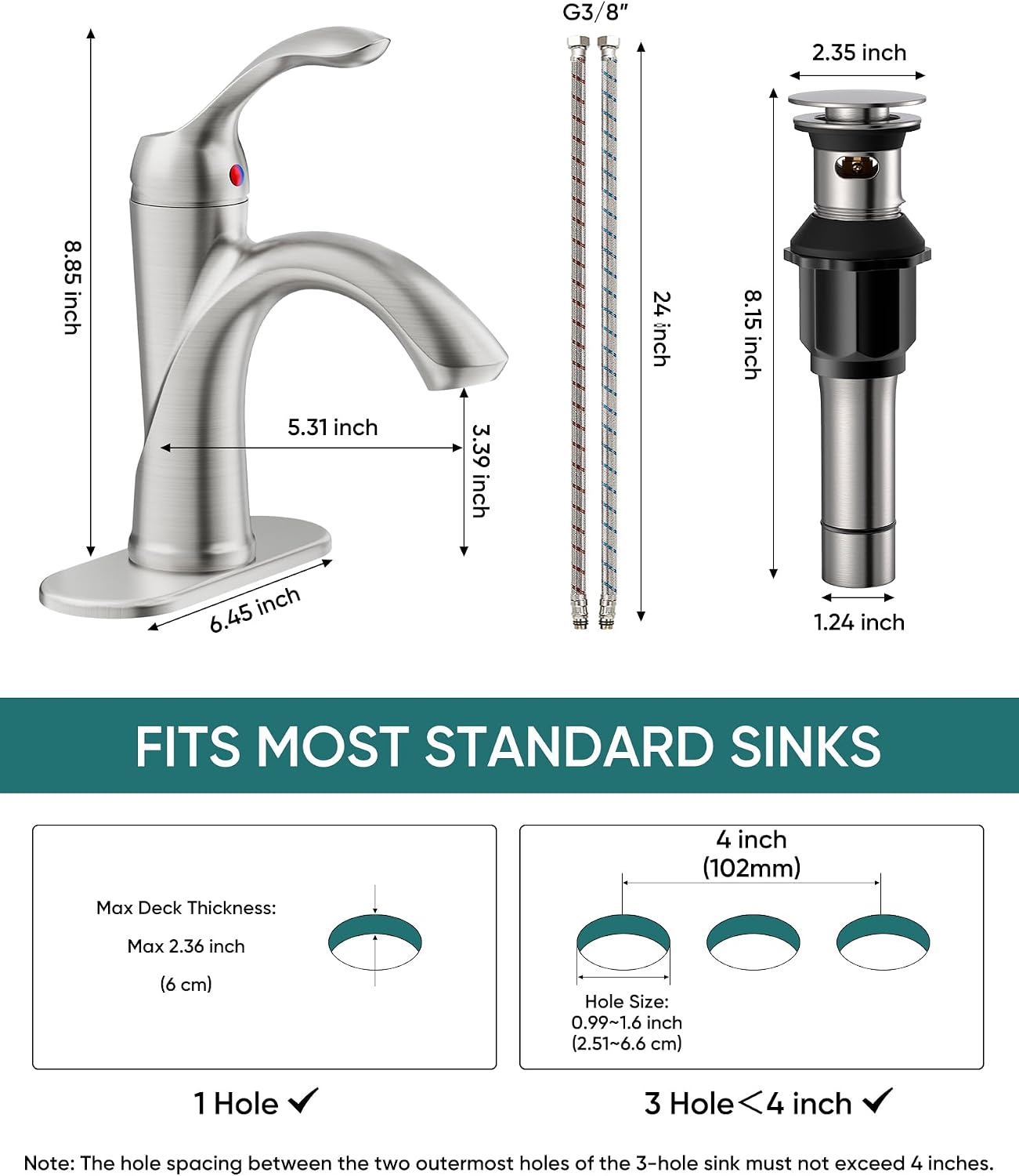 Brushed Nickel Bathroom Faucet 1 Hole One-Handle Lever Bathroom Sink Faucets Bath Rustic Lavatory Basin Mixer Tap with Pop Up Drain with Overflow Supply Hose by Homevacious