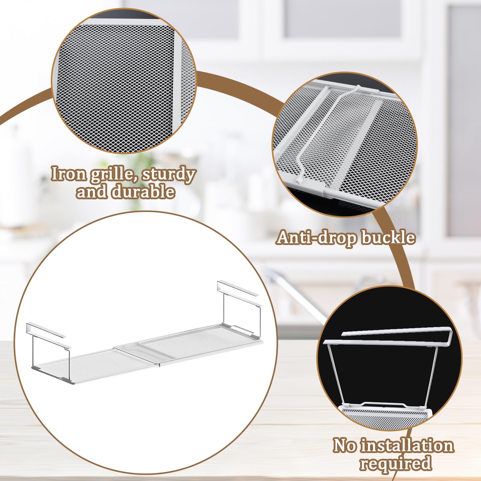 CHENGCKJ Unterregal mit Verstellbarer 38-70cm Hängekorb aus Metall Regal Organizer schrankkörbe faltbares Drahtgitter-Aufbewahrungsregal für Küchenschränken Schuhschränken Kleiderschränken (Weiß)