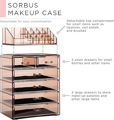 Miniatura 2 de Sorbus Contenedor y exhibidor de acrílico para guardar cosméticos, maquillajes y joyas. Diseño espaciado. Excelente para el baño, la cómoda, el