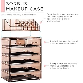 Sorbus Acrylic Makeup Organizer Set, 6-Drawer Vanity & Countertop Cosmetic Storage with Small & Wide Compartments, Bronze Glow Makeup Storage for Brushes, Jewelry - Holiday Gift for Women & Teens