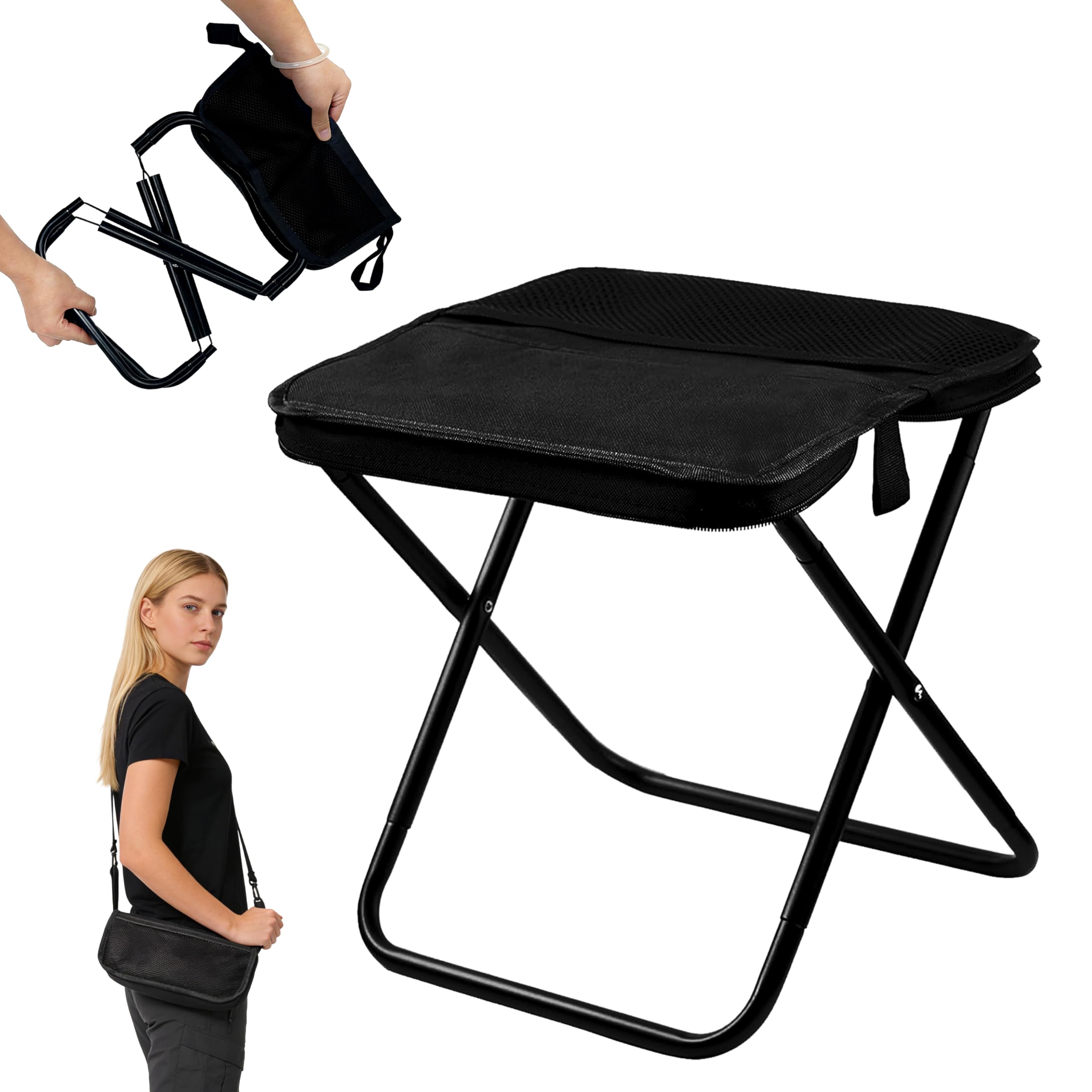 Foldable Stool Portable with Adjustable Shoulder Strap & Storage Mesh Bag. Collapsible Stool for Outdoor, Travel, Camping, Fishing, and Instant Seating Anywhere (Black,Large) — view 10