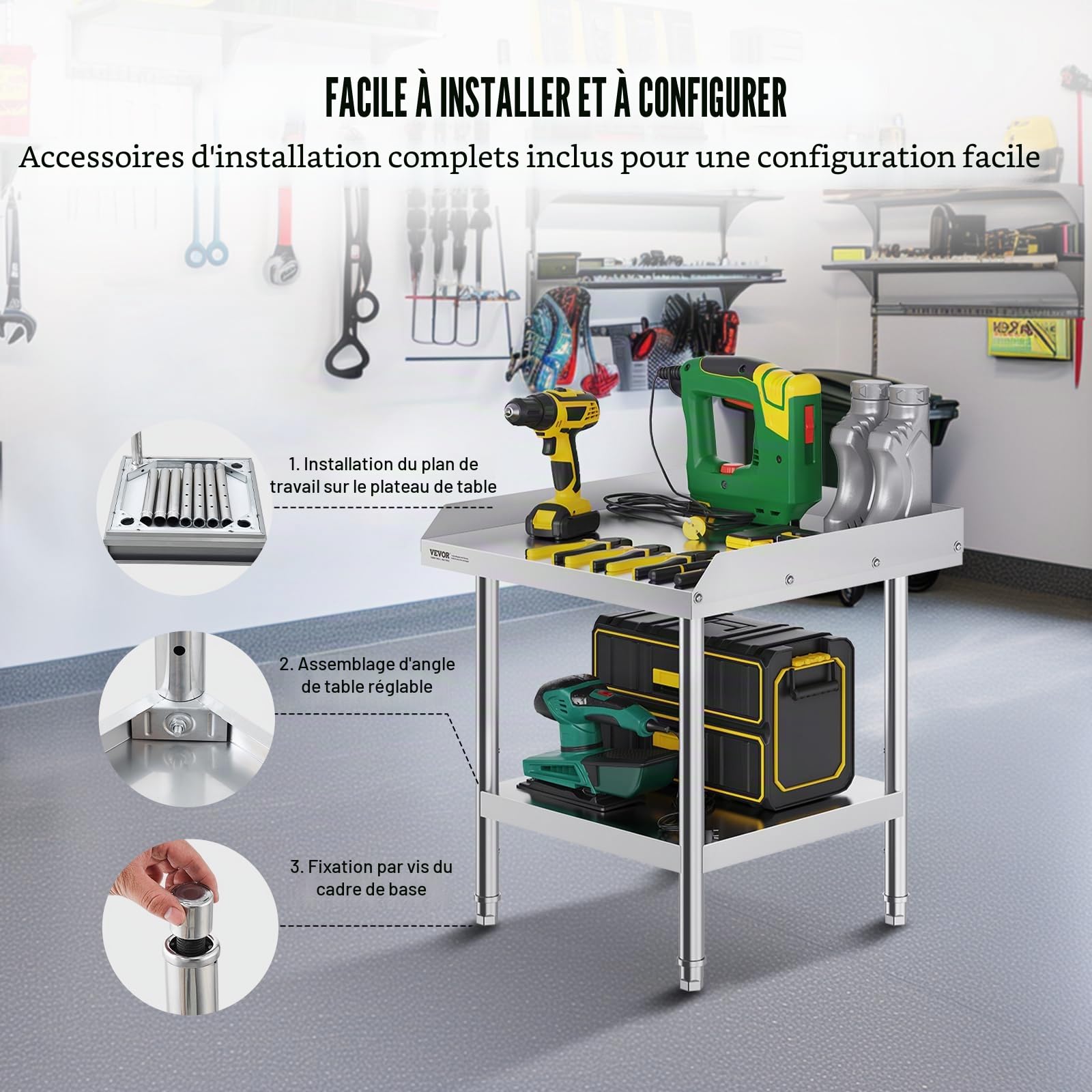 VEVOR Table de Travail en Acier Inoxydable 61x61x66 cm, Table de Préparation des Aliments Commerciale, Dosseret à 3 Côtés, Hauteur Réglables, Meuble de Rangement des Aliments, pour Cuisine Restaurant