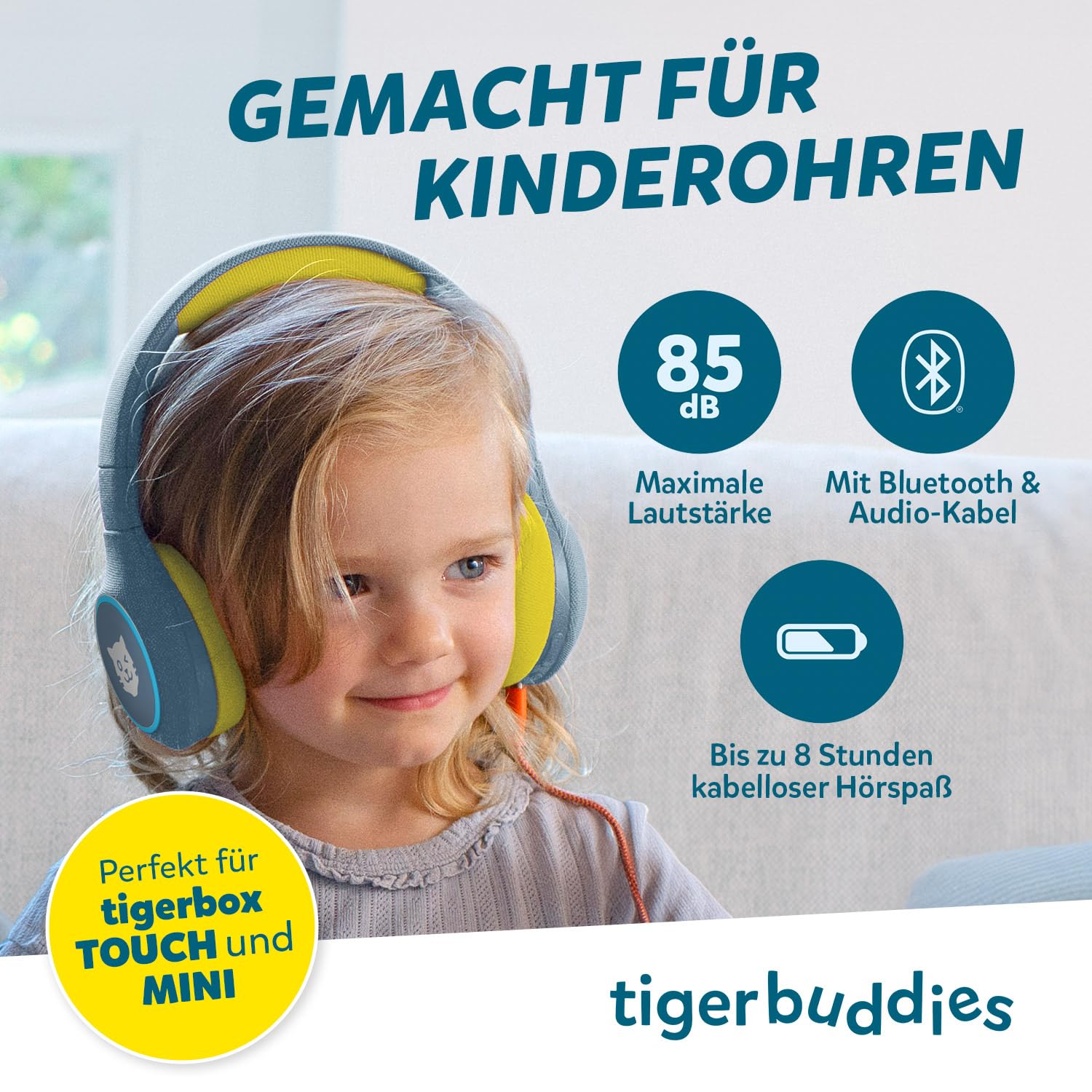 tigermedia tigerbuddies Bluetooth Kopfhörer Kinder | Faltbare Kinder Kopfhörer ab 4 Jahren | Mit Lautstärkebegrenzung 85 dB | Bequemer Sitz & klarer Stereo-Klang | Kinderkopfhörer mit Kabel