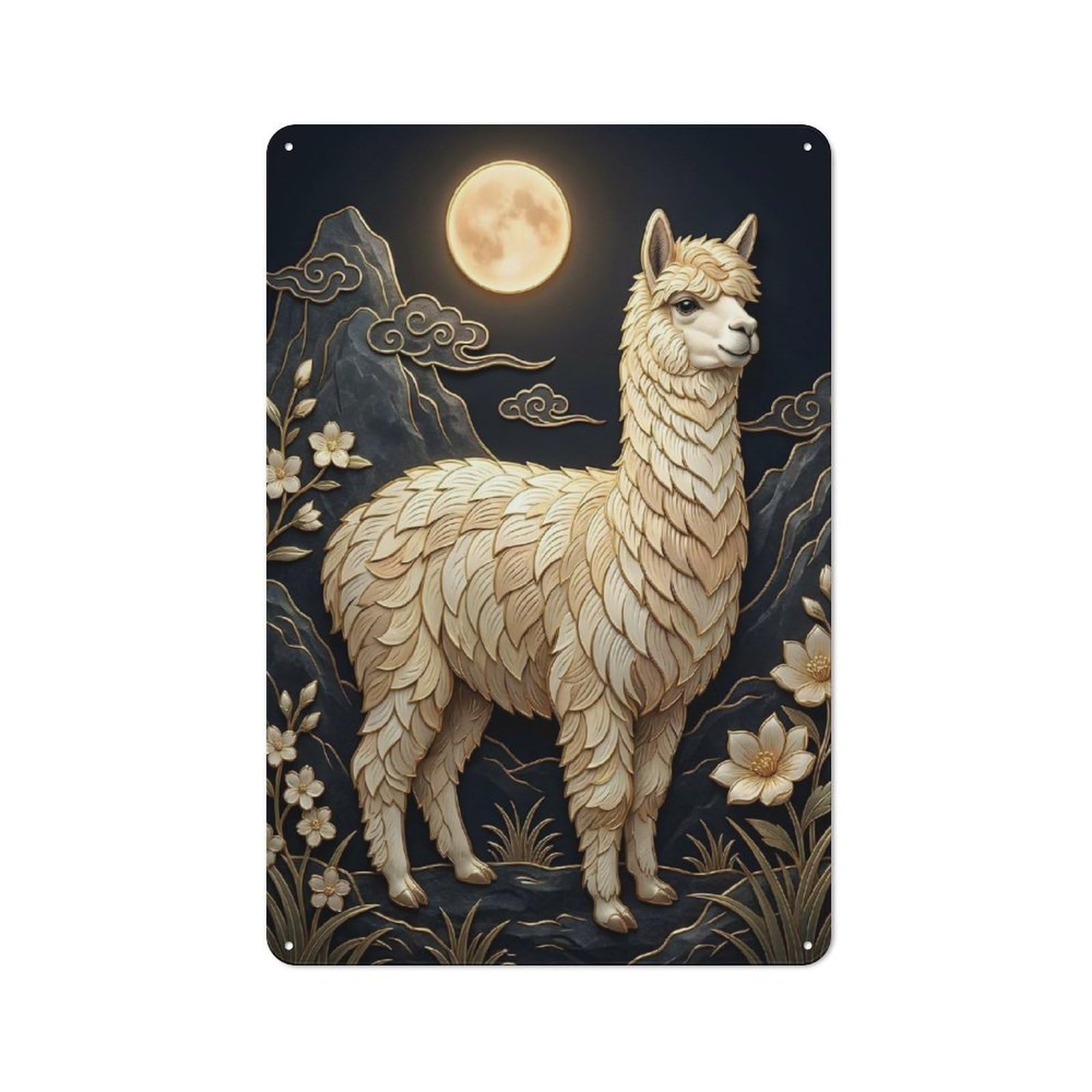 Junmoney Style-24 Tin Wall Plaque 30X20cm With Golden Alpaca Under The Moon For Hallway Wall, A Decorative Metal Sign For Hallways And Entrance Areas