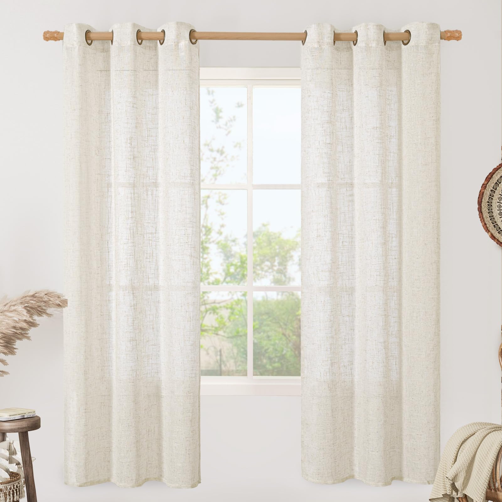 LAMIT Linen Sheer Curtains 72 Inches Long for Bedroom, Bronze Grommet Light Filtering Semi Sheer Linen Textured Burlap Boho Neutral Drapes for Living Room, Cream Ivory, 34 x 72 Inch, 2 Panels — image 1