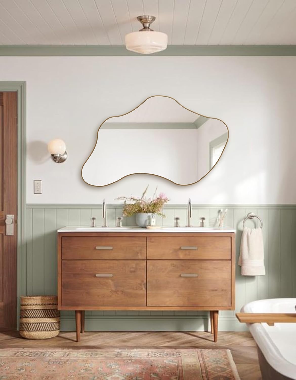 Large Amorphous Modern Mirror, Irregular Wood Framed Wall Mirror, Aesthetic Bathroom Mirror, Asymmetrical Wavy Mirror for Vanities (Gold, 46x75 cm | 18.1"x29.5")