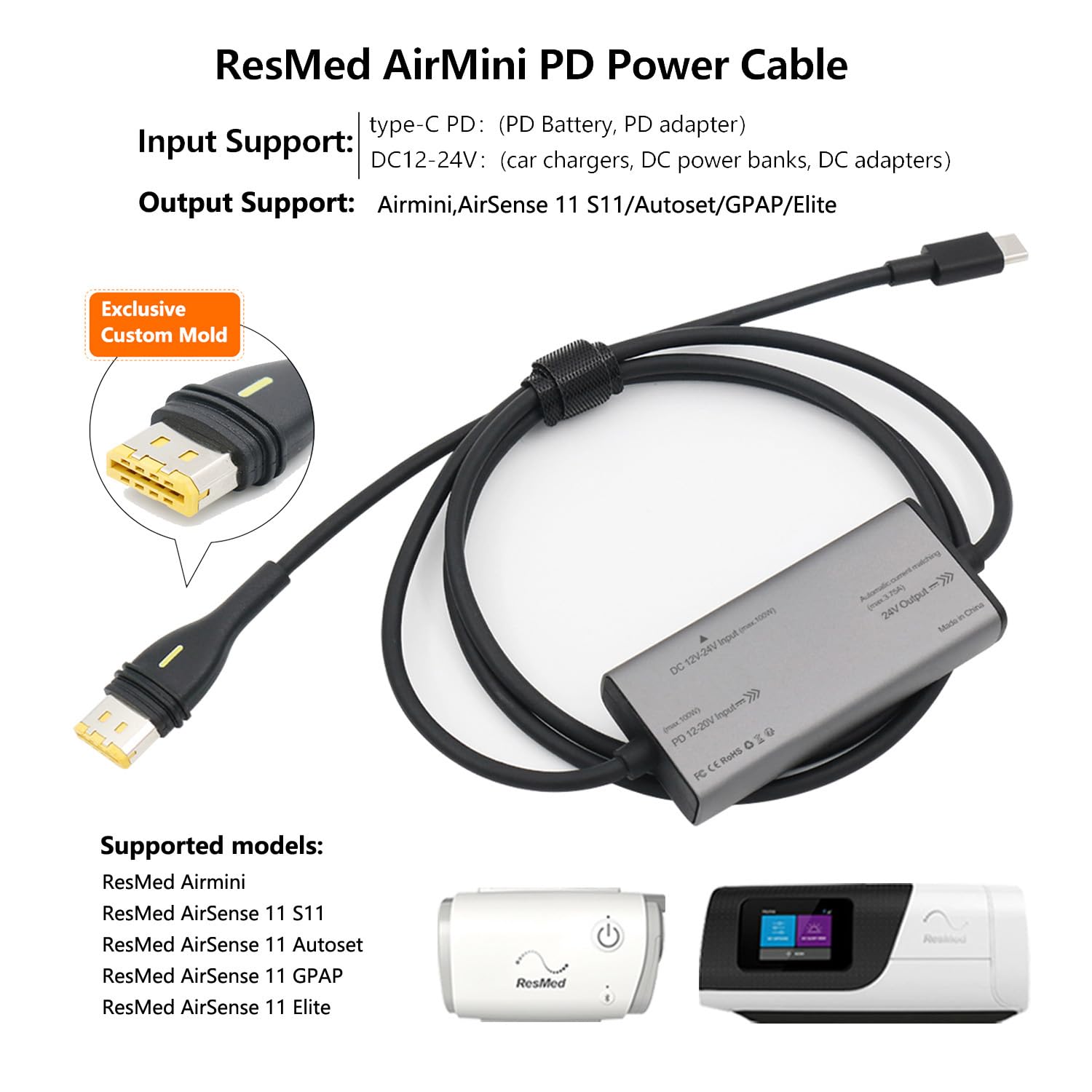 STAIGO USB-C AirMini PD kabel zasilający do AirSense 11/S11/Airmini/AutoSet/Elite/CPAP AirSense 11 przetwornik prądu stałego