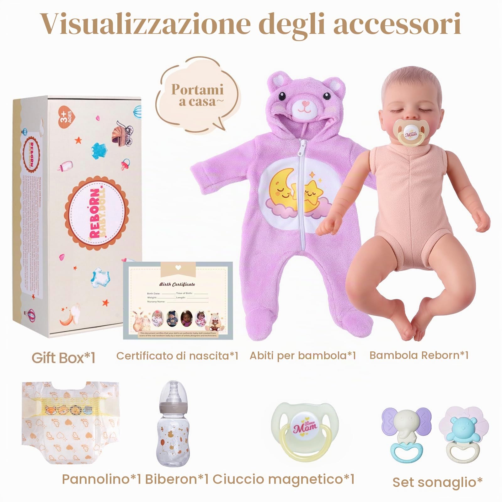 JIZHI Bambole Reborn -20 Pollice Bambola Bambina Corpo in Cotone | Testa e arti in Vinile - Originali Bambino Neonata con Accessori dai 3 Anni +