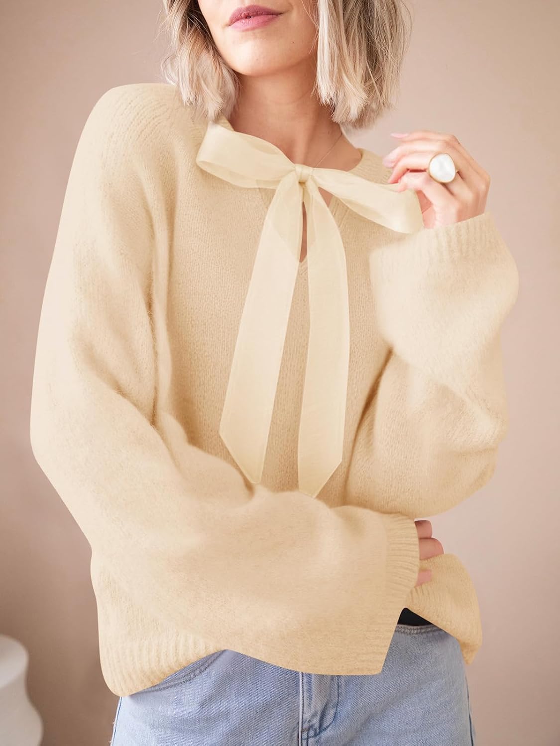 Saodimallsu Womens Bow Tie Sweater Crew Neck Long Sleeve Cute Fall Loose Cozy Knit Pullover Sweaters - Image 2