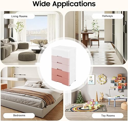 Miniatura 7 de Cajones de plástico para almacenamiento, armario móvil con ruedas, 5 cajones, apilable, vertical, organizador para ropa, juguetes, dormitorio, sala