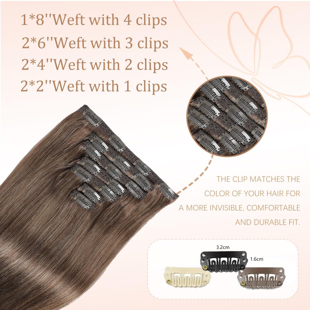 HotLulana Extension Capelli Veri Clip 7pcs 35cm 80g Castano miscelato con Biondo Naturale Extension Capelli Veri Invisible Remy Extensions （14 Pollice,M2/6/613#）