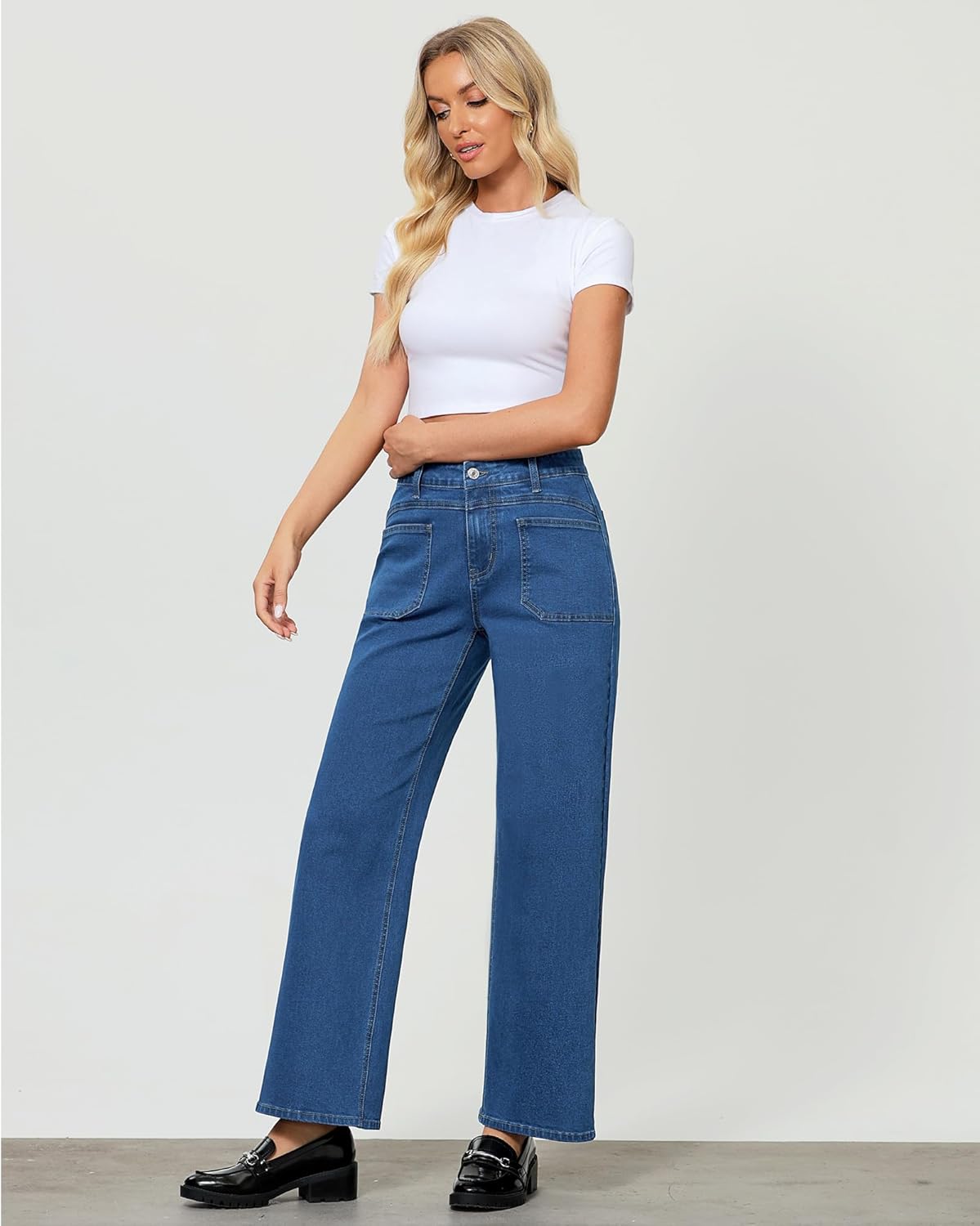 GRAPENT Wide Leg Jeans for Women Trendy High Waisted Loose Straight Leg Stretchy Retro Denim Pants with Pouch Pockets - Image 2