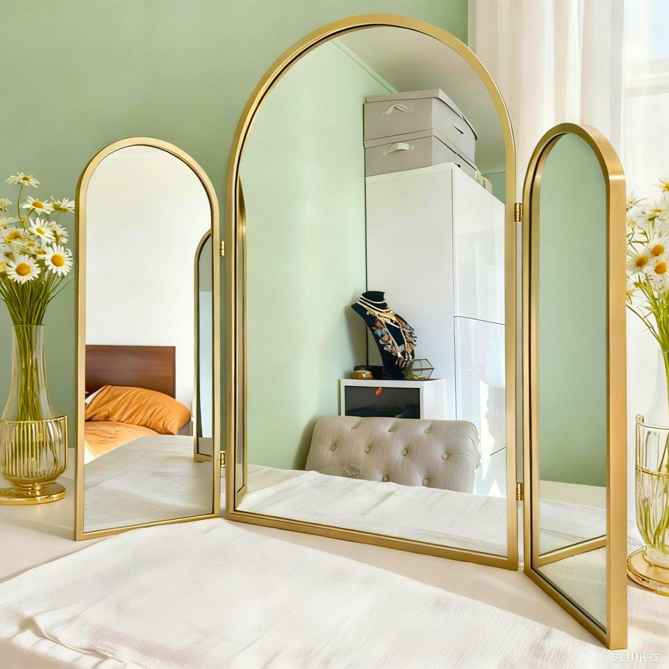 Tri-Fold Vanity Mirror 3 Way, 37"x30" Gold Arched Vintage Mirror with Metal Frame, Rotation for Bathroom, Bedroom Vanity (Makeup, Hair Braiding), Entryway, Living Room