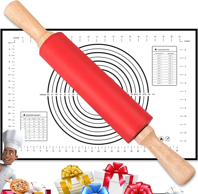 Rolling Pin with Silicone Baking Pastry Mat Set, Large Dough Roller Pins Kit Smooth Surface, Built-in Hollow Device and Wooden Handle Non Stick for Baking | Pizza | Pie | Pastries | Pasta | Cookies.