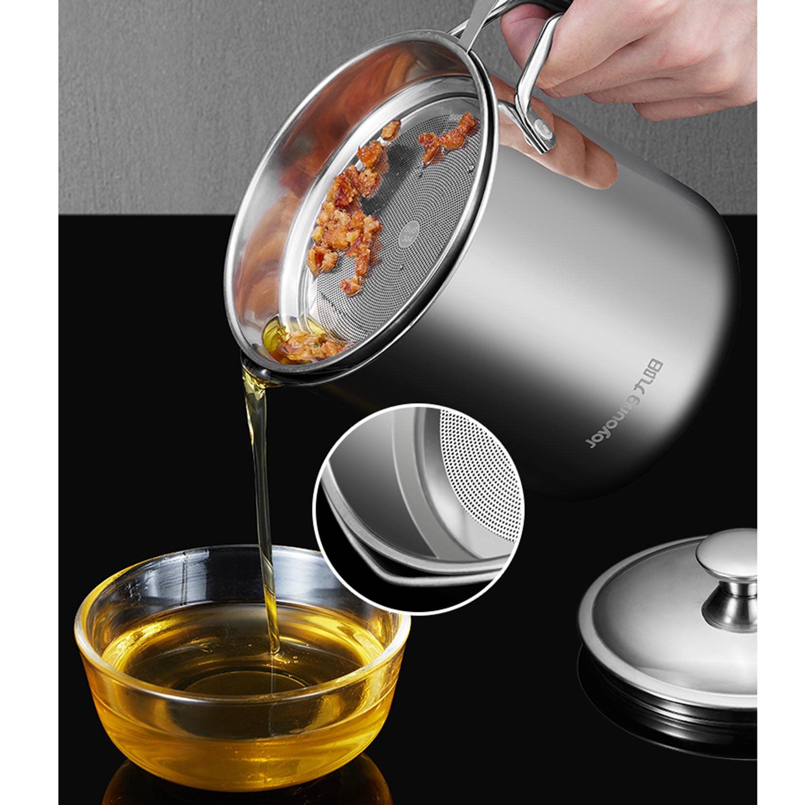 Recipiente de acero inoxidable para grasa de tocino (1,4 L, 1,8 L, 2,1 L) con colador, lata de almacenamiento de aceite de cocina para freír y cocinar, olla de grasa para uso en encimera, color