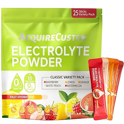 Electrolytes Powder Packets 25 Sticks Hydration Packet Sugar Free Electrolyte Drink Mix 5 Flavors for Rehydration with Minerals Nutrients with Lemon, Watermelon, Orange, Raspberry, White Peach