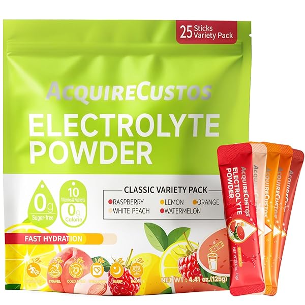 Electrolytes Powder Packets 25 Sticks Hydration Packet Sugar Free Electrolyte Drink Mix 5 Flavors for Rehydration with Minerals Nutrients with Lemon, Watermelon, Orange, Raspberry, White Peach