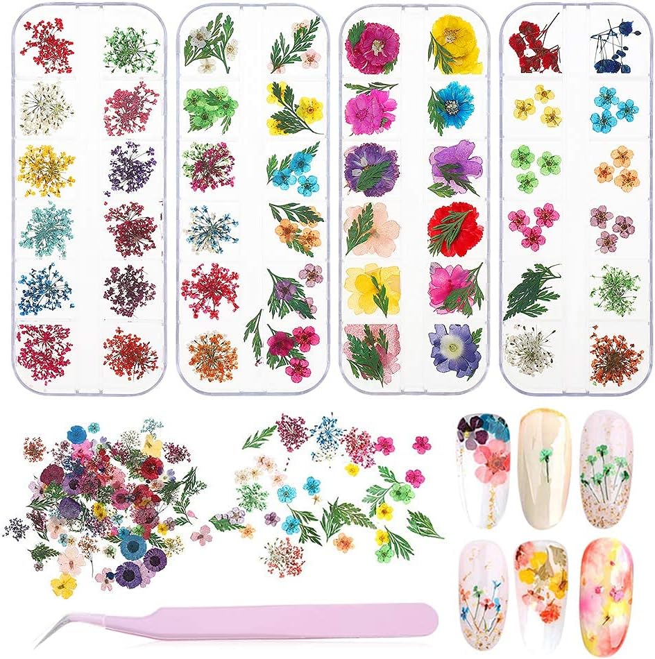 4 Boxes Nail Dried Flowers, BOSIXTY 48 Colors 3D Dried Flowers Nail Art, Real Natural Flowers Nail Art Supplies for DIY Crafts Nails Decorations Nail Salon Nail Decals Nail Design