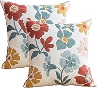YIcabinet Pack of 2 Embroidered Floral Throw Pillow Covers 18x18 Inch - Soft 100% Cotton Decorative Cases for Sofa, Couch, Bedroom