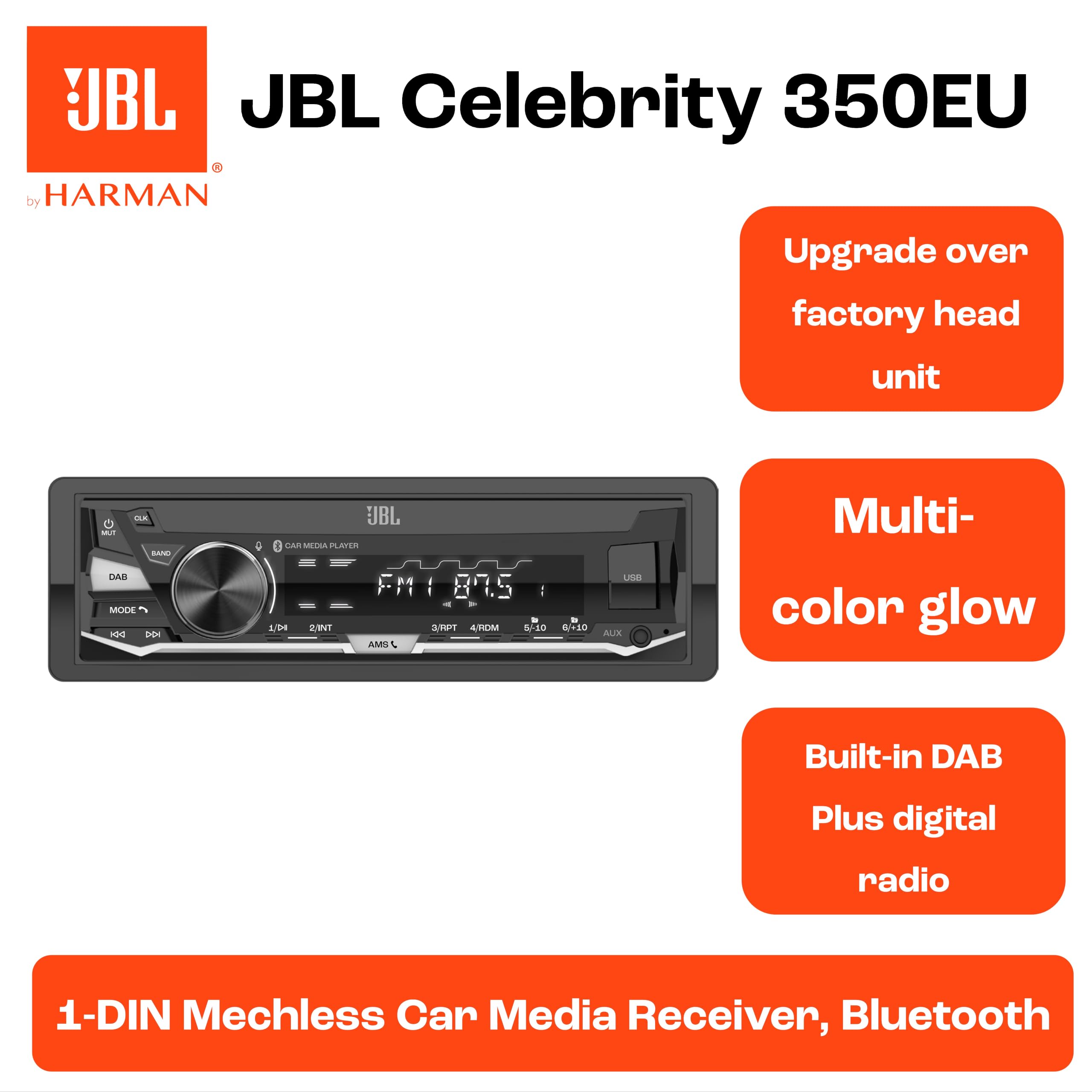 JBL Celebrity 350 Autoradio 1 DIN Bluetooth USB AUX AM FM RDS per Auto | Potenza max 4x50W, Bluetooth 6.0, sintonizzatore AM FM RDS, uscita RCA 6 canali 4V, 20Hz-20kHz, misure 178x50x87mm, microfono