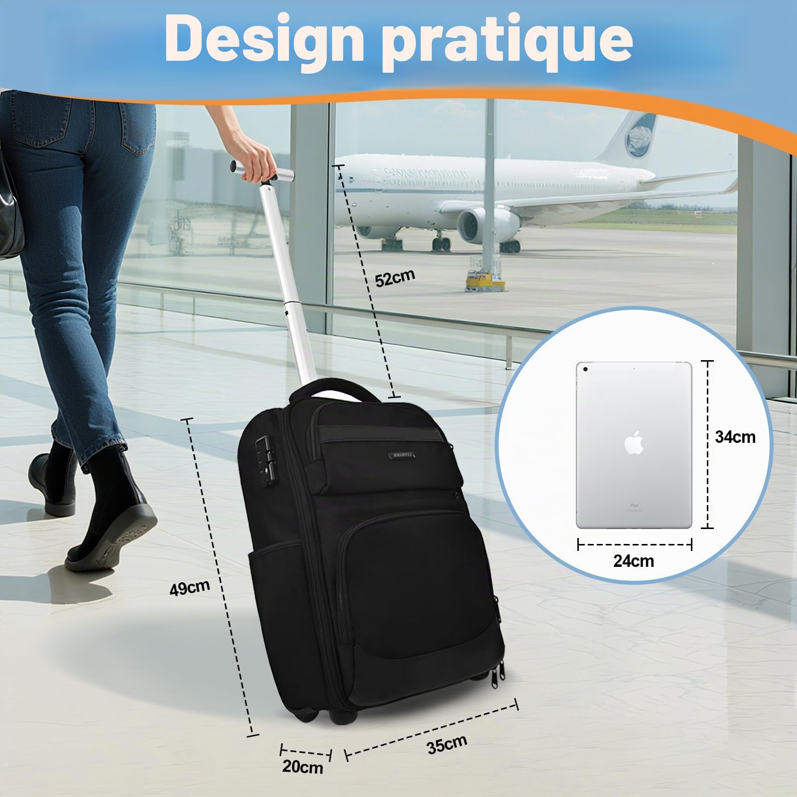 Hivexagon Sac à dos à roulettes protégé par mot de passe, sac à dos à roulettes étanche pour ordinateur portable de 21 pouces, sac d'affaires bagage à main, grande capacité, espace de rangement