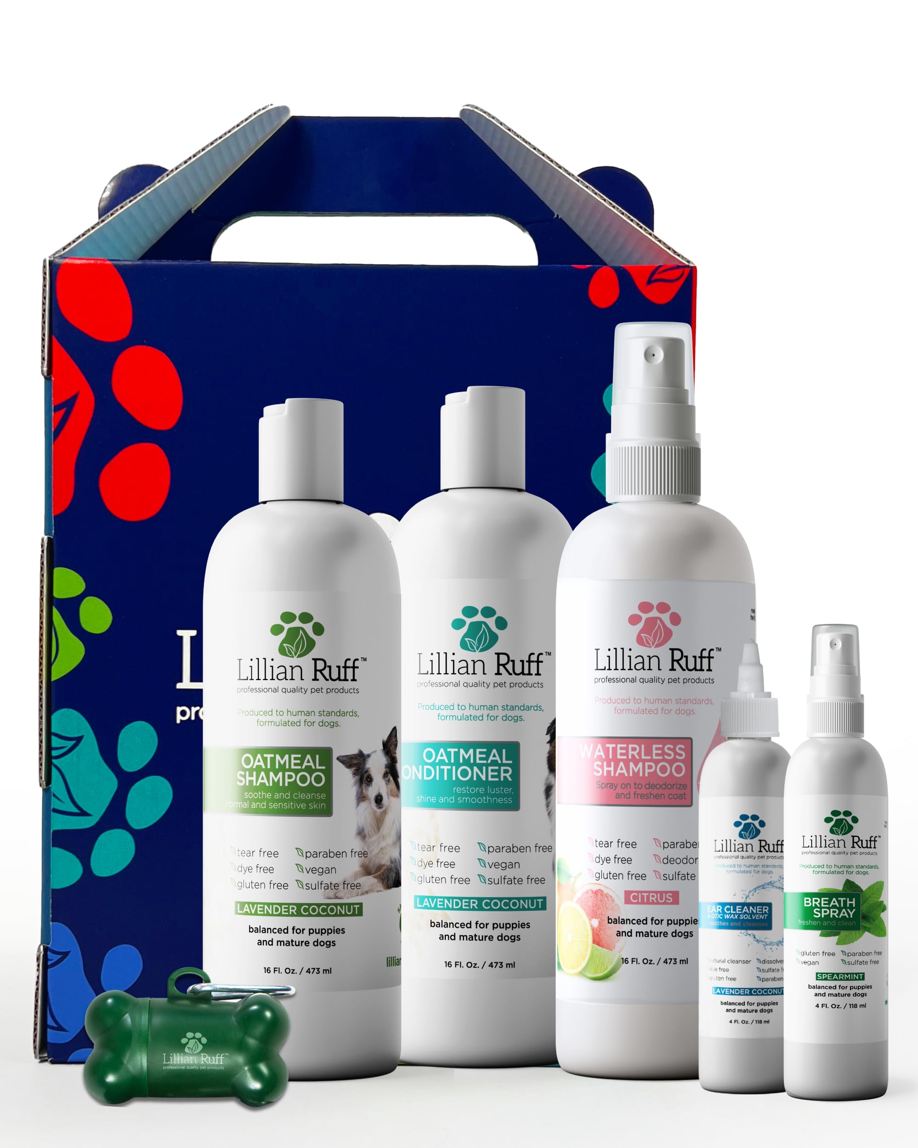 Lillian Ruff Starter Pack Gift Set for Dogs | Oatmeal Shampoo, Oatmeal Conditioner, Waterless Shampoo Citrus, Ear Cleaner & Otic Wax Solvent, Breath