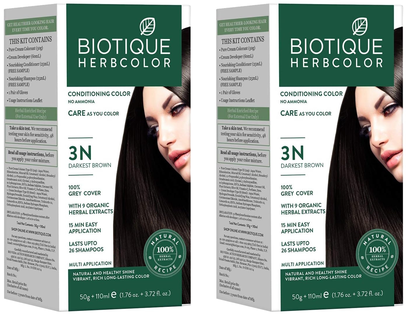 Biotique Herbcolor Conditioning Hair Colour l Ammonia Free Hair Color l 9 Organic Herbal Extracts l Natural and Healthy Shine l 50g + 110ml| Darkest Brown 3N (Pack of 2)