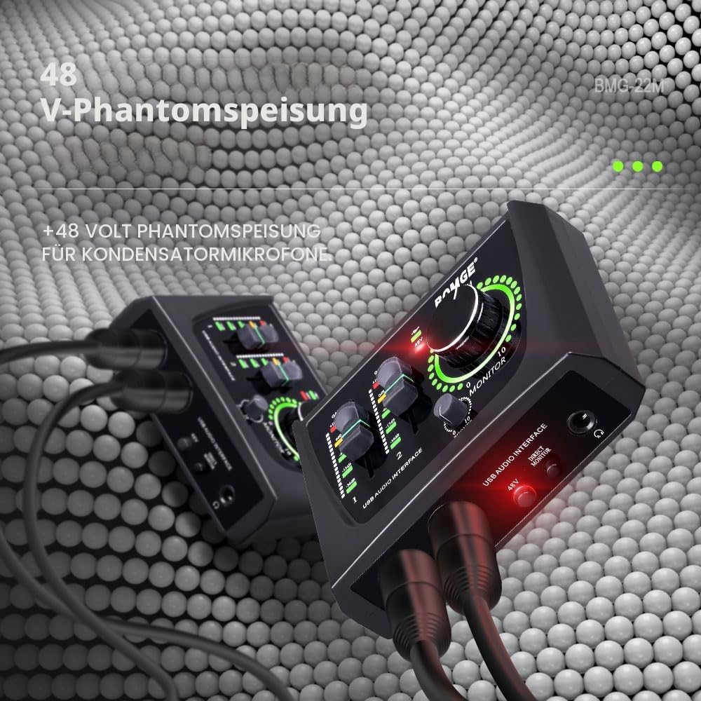 BOMGE Mini-2-Kanal-USB-Audio-Schnittstelle für Aufnahme, Streaming und Podcasting, mit XLR/48 V Phantomspeisung, Audio-Interface in Studioqualität für Gitarristen, Vokalist, Podcaster oder Produzenten