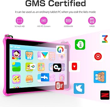 PRITOM 10 inch Kids Tablets Android, 64GB, Tablet with Lanyard, Parental Control, HD IPS Display, WiFi, Dual Camera, Toddler Tablet for Kids, Pink