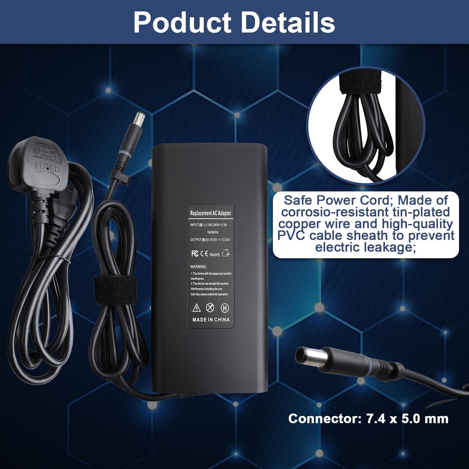 240W Cavo di Ricarica Compatibile con Dell G16 G15 G7 G3 G5 13 15 17 R1 R2 R3 R4 R5 M15 M17 M17X M18X X51 Precision 7710 7720 7730 7510 7520 7530 M6400 M6600 M6700 M6800 Ladegerät (240W)