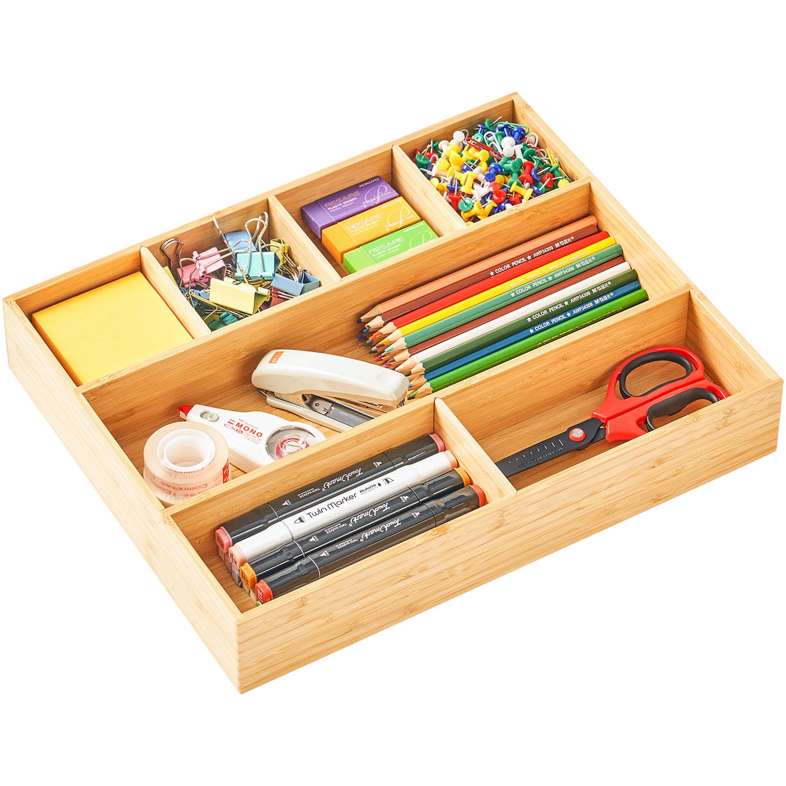 Umilife Large Bamboo Desk Drawer Organizer, Wood Junk Organizer Tray with Adjustable Dividers, Anti-Skip Storage Organization in Office Bathroom