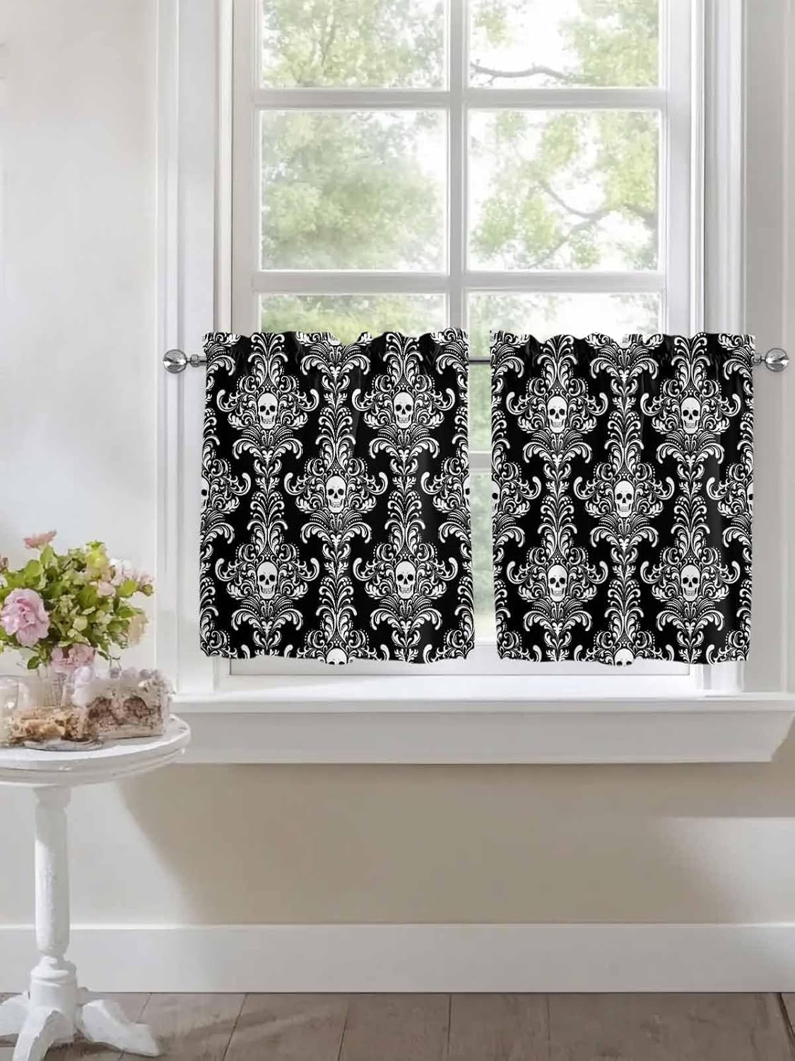 Tier Curtains 36 Inch Length for Kitchen Sink, Halloween Skull Floral Pattern Rod Pocket Kitchen Curtain Horror White Black Lace Short Half Window Curtain Panels Drapes, 27.5"W x 36"L, 2 Panels