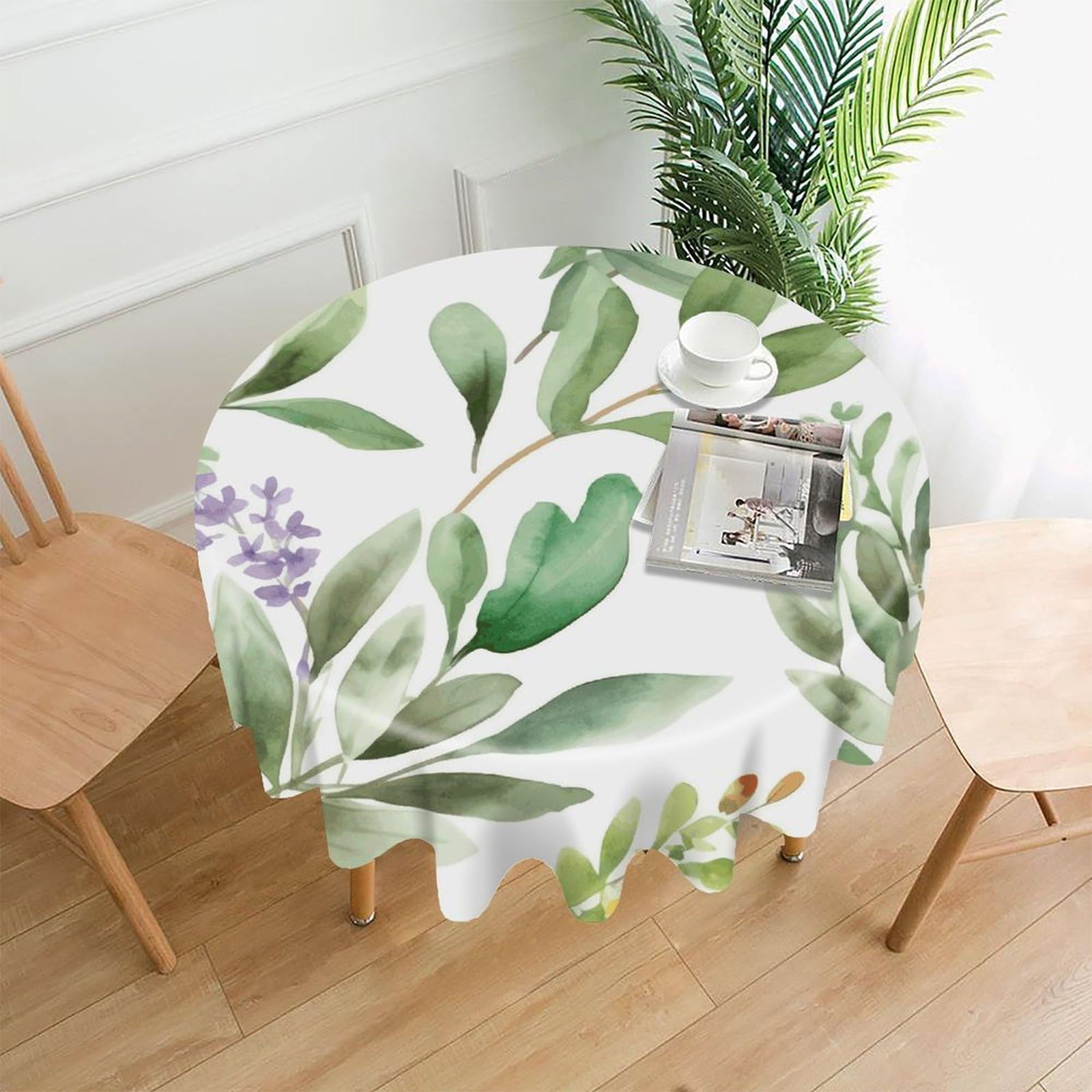 Green Flower Watercolor Herb Sage Leaves And Branches1 Round Tablecloth Cover 60 Inch Wrinkle Free Washable Polyester Fabric Table Cover Decorative Round Table Cloth for Home Dining Kitchen Party Farm